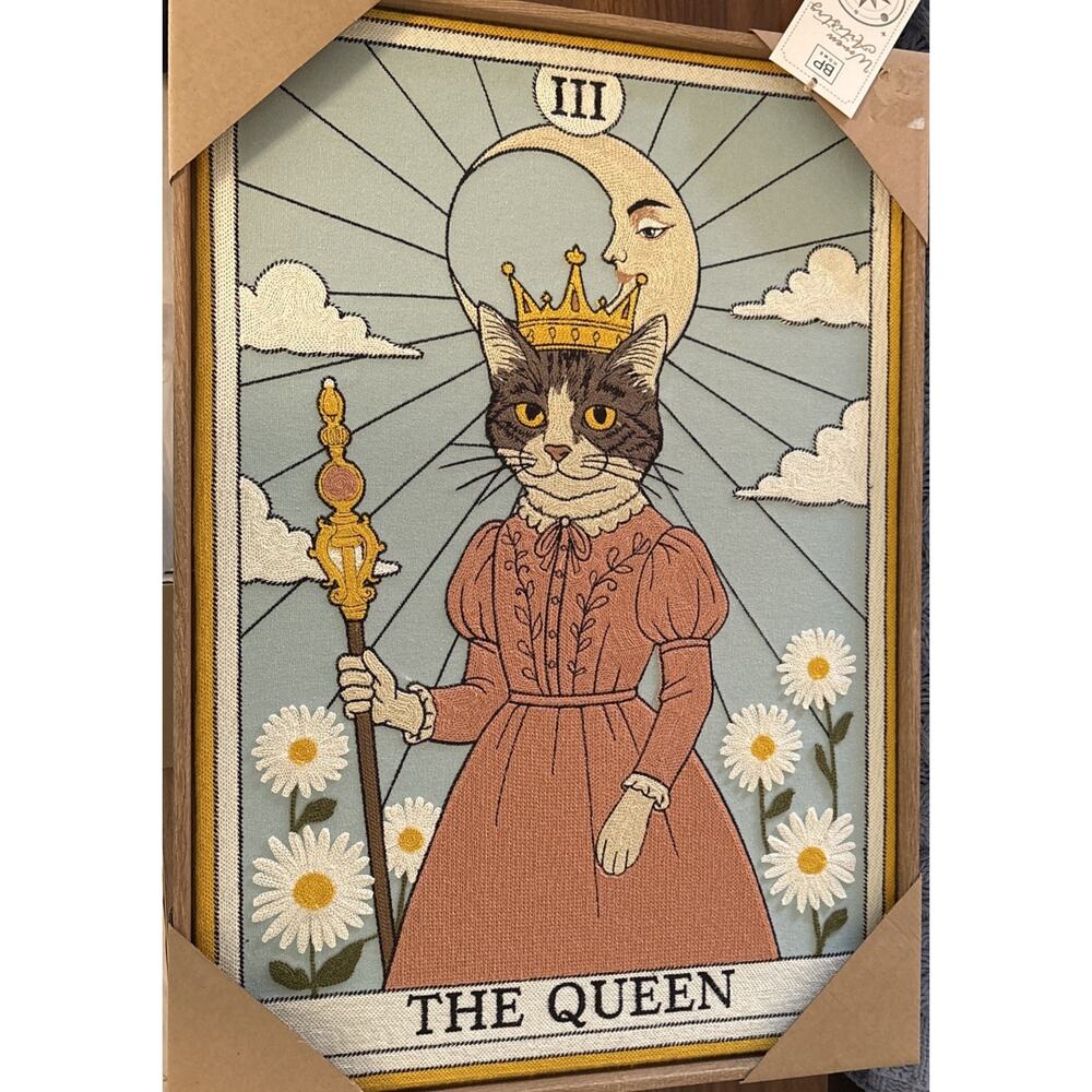 New Set BP Woven Artistry Cat Tarot Card Wall Art Framed The Queen King 18x26” - Picture 2 of 10